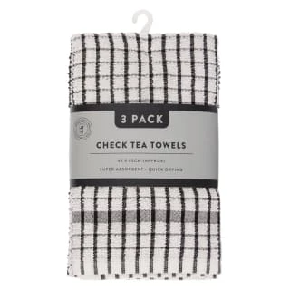 B&M Check Tea Towels - Black 3pk